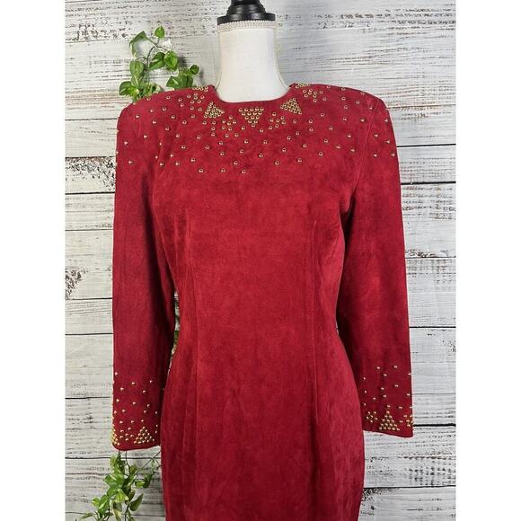 Pia Rucci Vintage Red Leather Dress size 12 Gold Studs 80's Dynasty Christmas - Picture 12 of 16